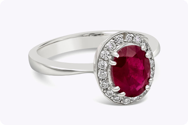 1.36 Carats Oval Cut Ruby & Diamond Halo Engagement Ring in White Gold