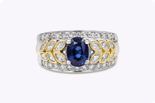 1.44 Carats Oval Cut Sapphire & Mixed Cut Diamond Wide Ring in White Gold