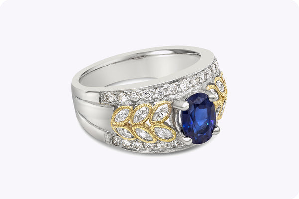 1.44 Carats Oval Cut Sapphire & Mixed Cut Diamond Wide Ring in White Gold