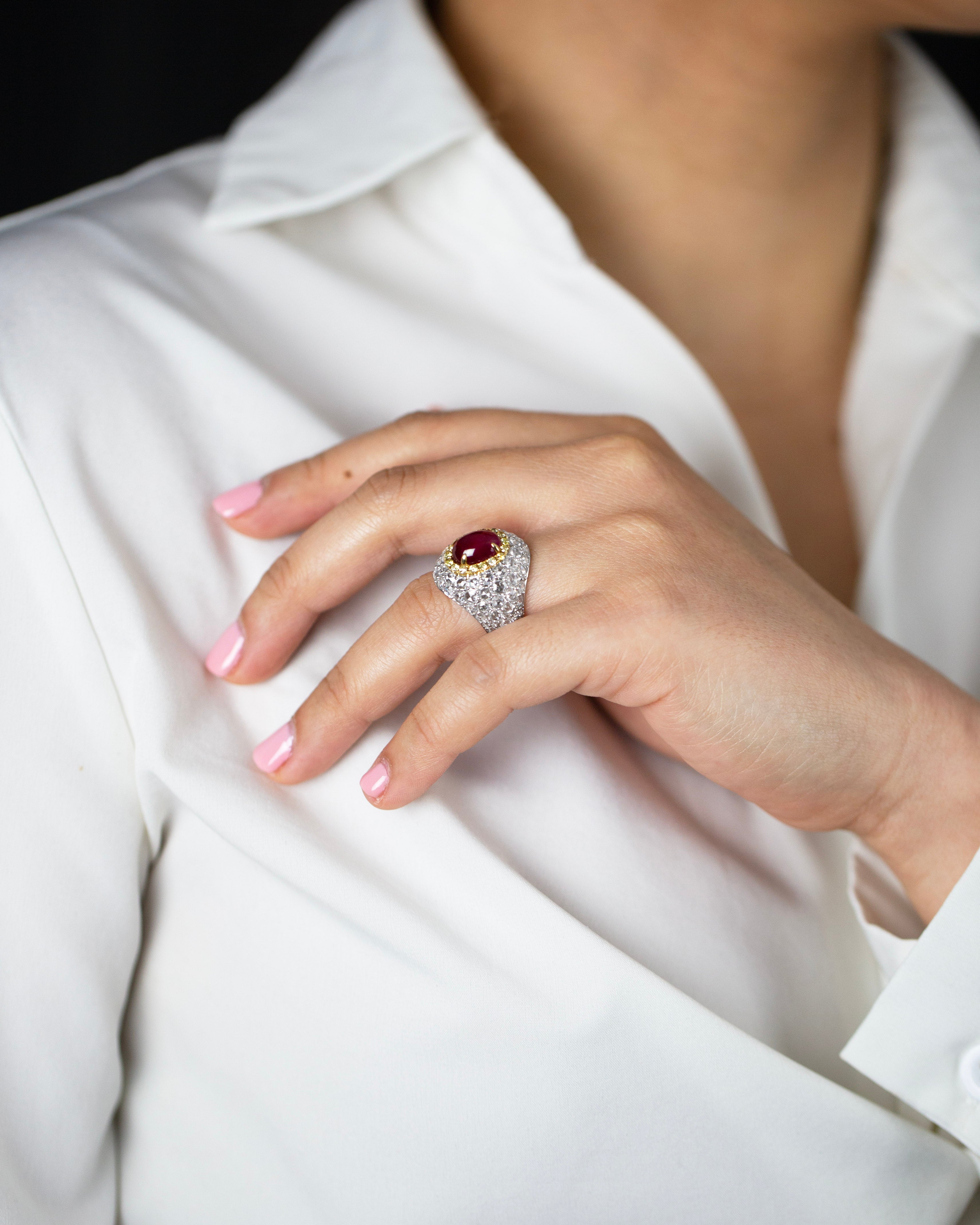 3.76 Carat Cabochon Ruby & Diamond Dome Cocktail Ring in Two-Tone Gold