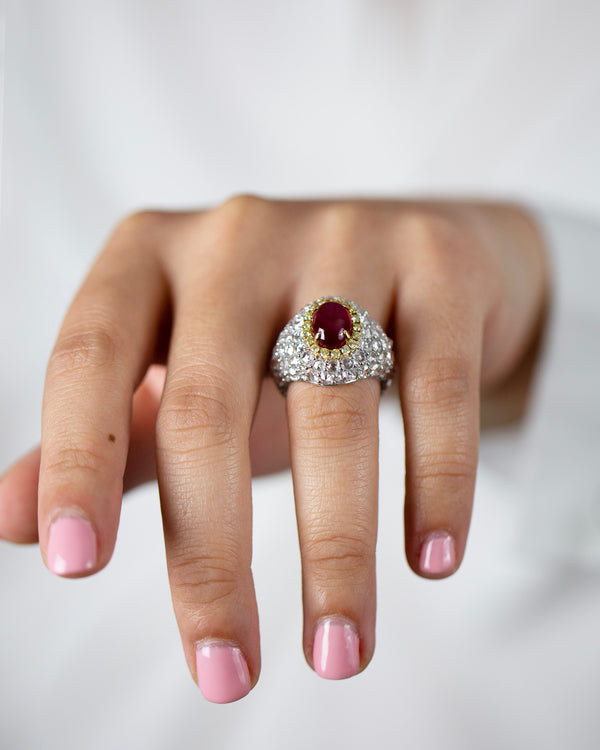 3.76 Carat Cabochon Ruby & Diamond Dome Cocktail Ring in Two-Tone Gold