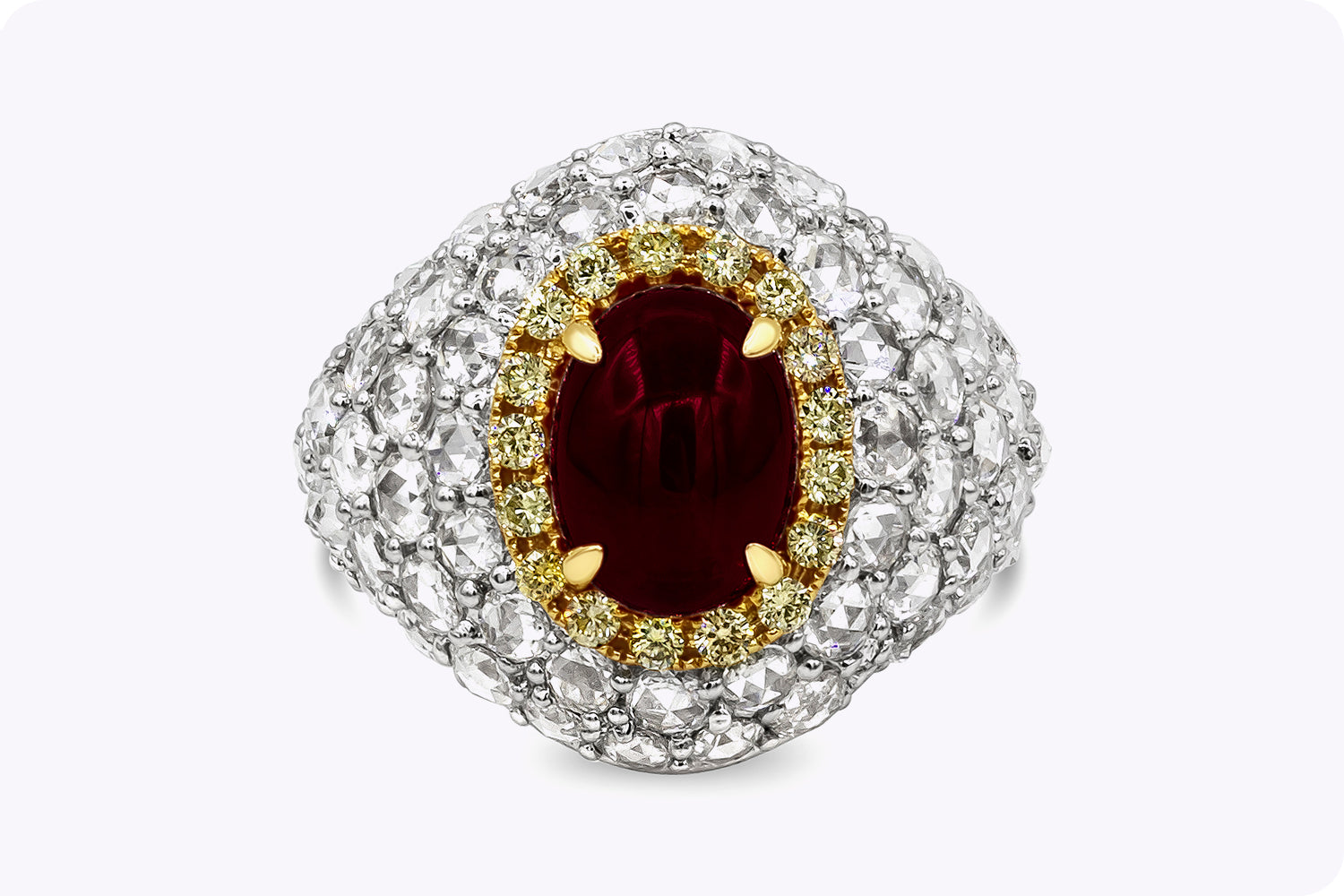 3.76 Carat Cabochon Ruby & Diamond Dome Cocktail Ring in Two-Tone Gold