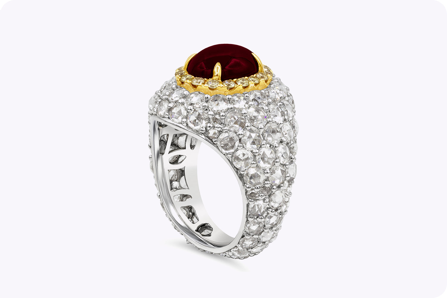 3.76 Carat Cabochon Ruby & Diamond Dome Cocktail Ring in Two-Tone Gold