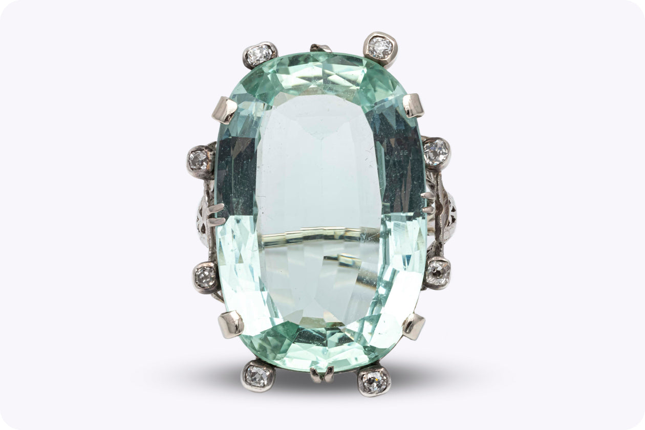 Antique 34.18 Carats Oval Cut Green Aquamarine & Diamond Cocktail Ring in White Gold