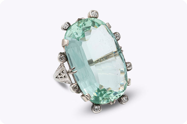 Antique 34.18 Carats Oval Cut Green Aquamarine & Diamond Cocktail Ring in White Gold