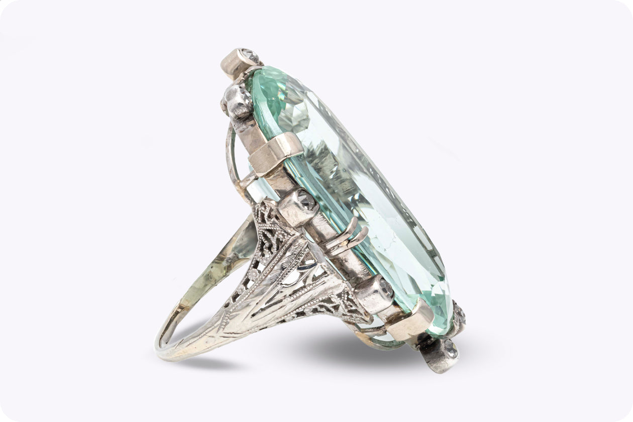 Antique 34.18 Carats Oval Cut Green Aquamarine & Diamond Cocktail Ring in White Gold