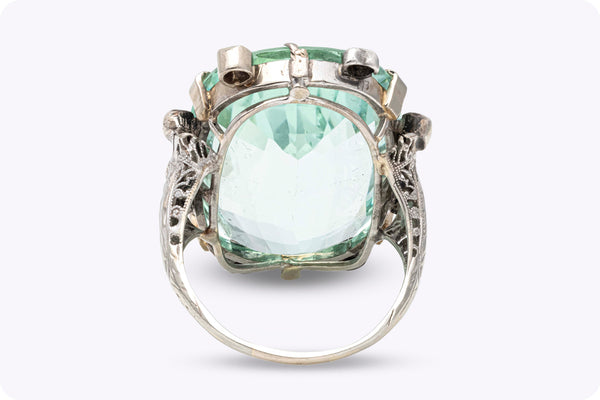 Antique 34.18 Carats Oval Cut Green Aquamarine & Diamond Cocktail Ring in White Gold