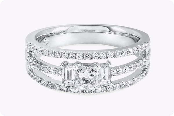 1.05 Carats Total Mixed Cut Diamond Three-Row Engagement Ring in White Gold