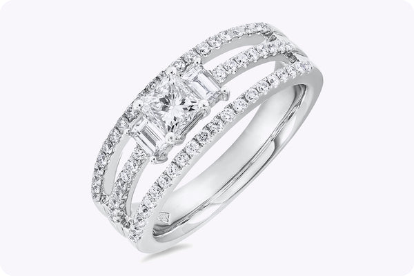 1.05 Carats Total Mixed Cut Diamond Three-Row Engagement Ring in White Gold