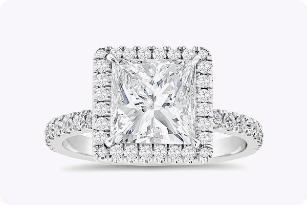 GIA Certified 4.07 Carats Princess Cut Diamond Halo Pavé Engagement Ring in Platinum