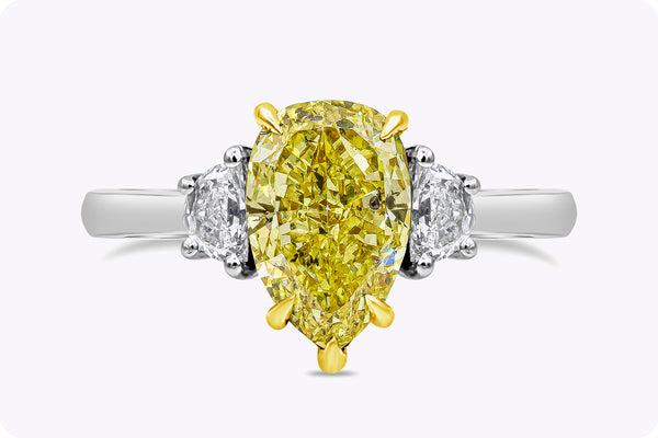 2.18 Carats Pear Shape Yellow Diamond Three-Stone Engagement Ring in Yellow Gold & Platinum