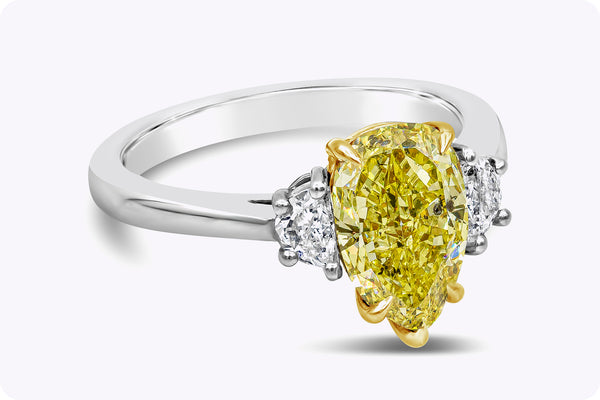 2.18 Carats Pear Shape Yellow Diamond Three-Stone Engagement Ring in Yellow Gold & Platinum