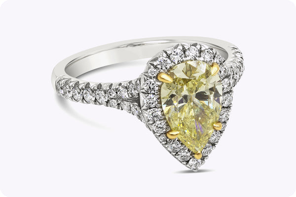 GIA Certified 1.49 Carats Yellow Diamond Halo Engagement Ring in Yellow Gold & Platinum