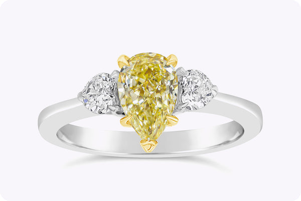 1.09 Carats Pear Shape Yellow Diamond Three-Stone Engagement Ring in White & Yellow Gold