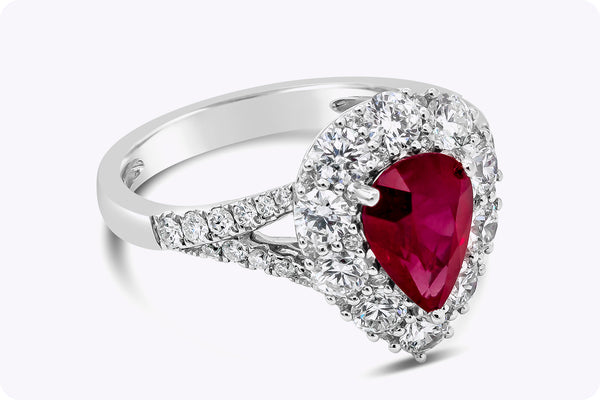 1.33 Carats Pear Shape Ruby & Diamond Halo Engagement Ring in White Gold