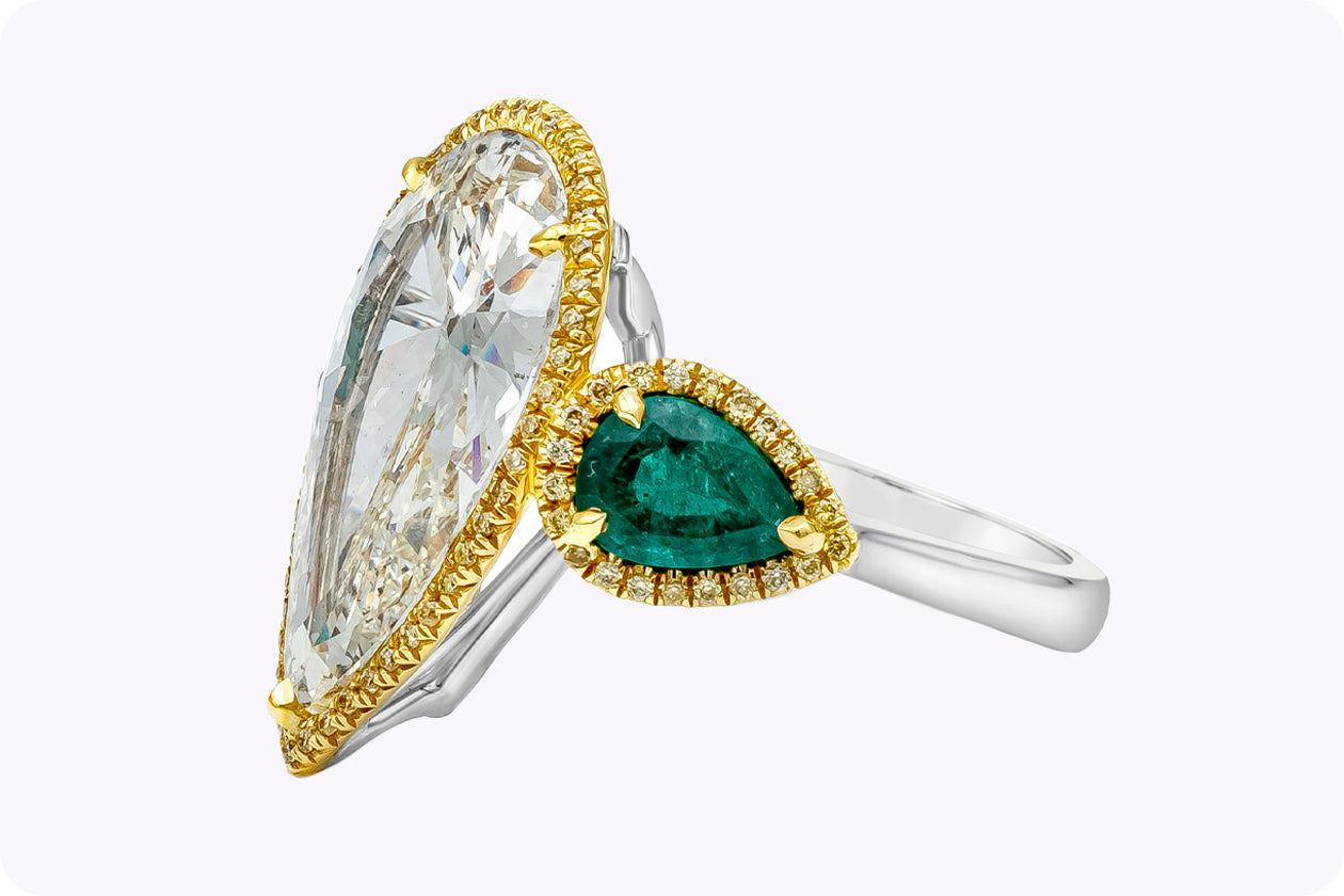 GIA Certified 6.65 Carats Pear Shape Diamond & Emerald Engagement Ring in Yellow Gold & Platinum