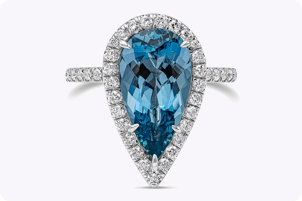 GIA Certified 3.63 Carats Pear Shape Aquamarine & Diamond Halo Engagement Ring in Platinum