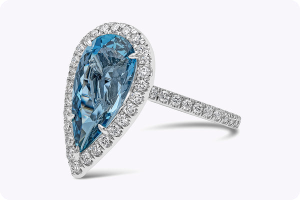 GIA Certified 3.63 Carats Pear Shape Aquamarine & Diamond Halo Engagement Ring in Platinum