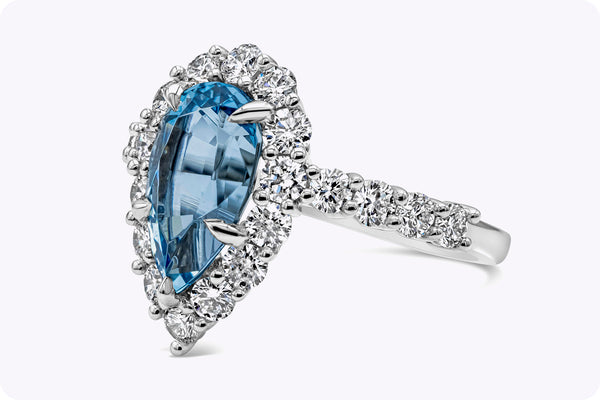 2.45 Carats Pear Shape Aquamarine & Diamond Halo Engagement Ring in Platinum