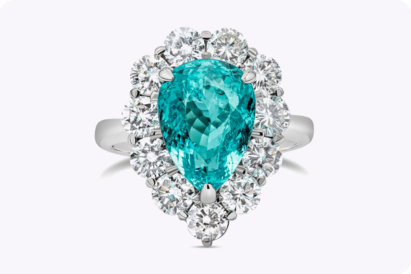 GIA Certified 4.74 Carats Pear Shape Paraiba Tourmaline & Diamond Halo in Platinum