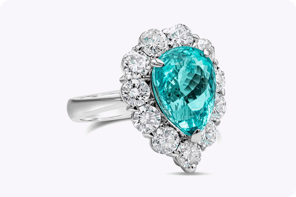 GIA Certified 4.74 Carats Pear Shape Paraiba Tourmaline & Diamond Halo in Platinum