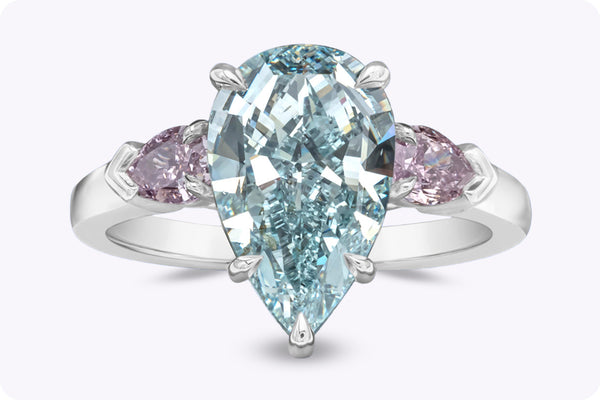 GIA Certified 3.68 Carats Pear Shape Blue Diamond Three-Stone Engagement Ring in Platinum