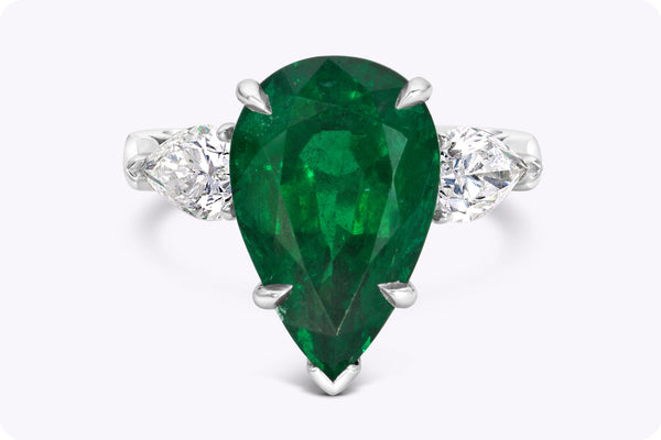 5.85 Carats Pear Shape Emerald & Diamond Three-Stone Fashion Ring in Platinum