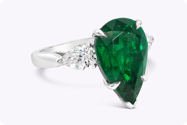 5.85 Carats Pear Shape Emerald & Diamond Three-Stone Fashion Ring in Platinum