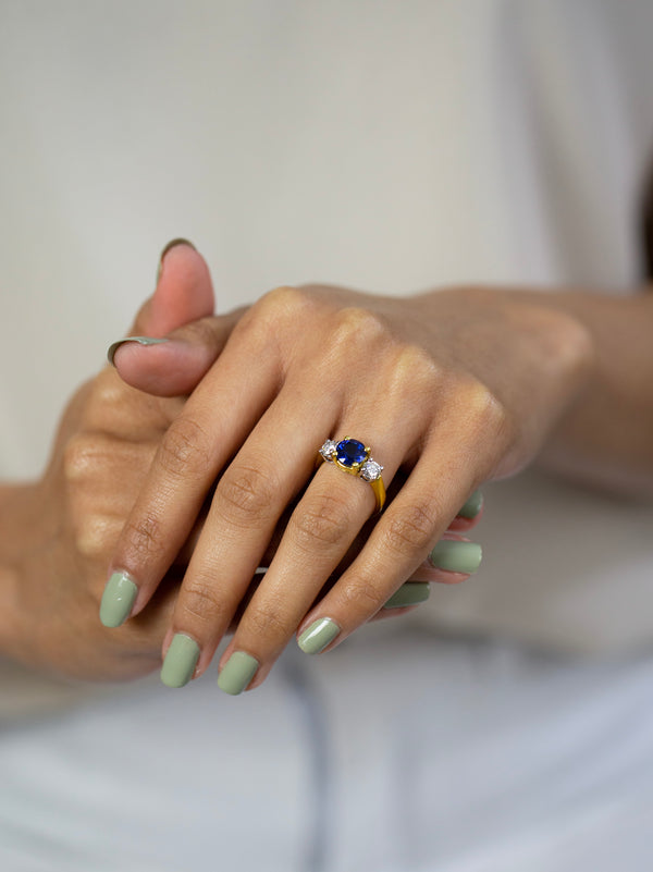 2.05 Carat Round Blue Sapphire and Diamond Three-Stone Engagement Ring in Yellow Gold