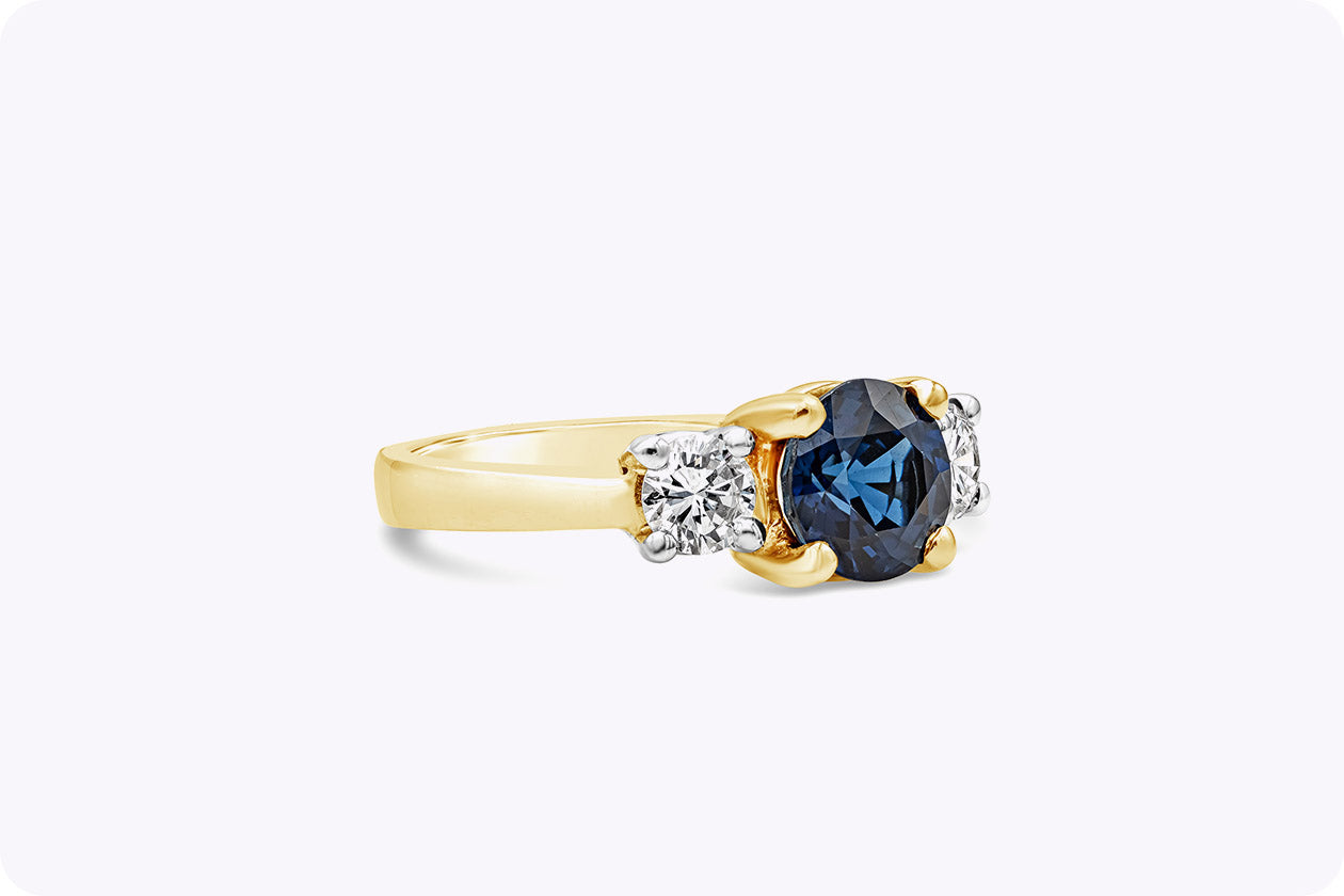 2.05 Carat Round Blue Sapphire and Diamond Three-Stone Engagement Ring in Yellow Gold