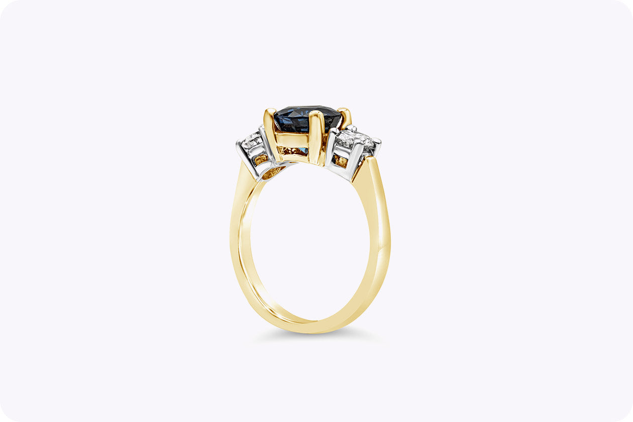 2.05 Carat Round Blue Sapphire and Diamond Three-Stone Engagement Ring in Yellow Gold