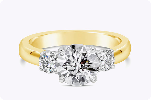 1.90 Carats Total Round Diamond Three-Stone Engagement Ring in Yellow Gold & Platinum