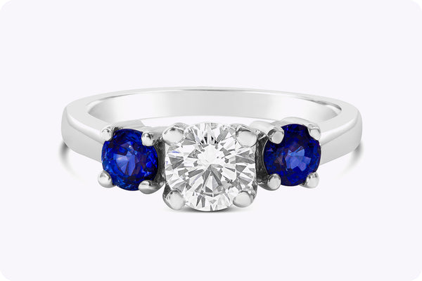 GIA Certified 0.74 Carat Round Diamond & Sapphire Three-Stone Engagement Ring in Platinum