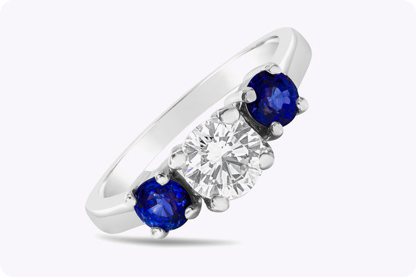 GIA Certified 0.74 Carat Round Diamond & Sapphire Three-Stone Engagement Ring in Platinum