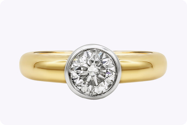 1.06 Carat Round Diamond Bezel Solitaire Engagement Ring in Yellow and White Gold