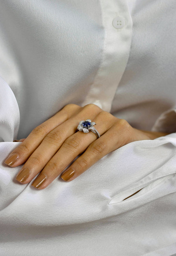 1.35 Carats Round Sapphire & Diamond Flower Ring in White Gold