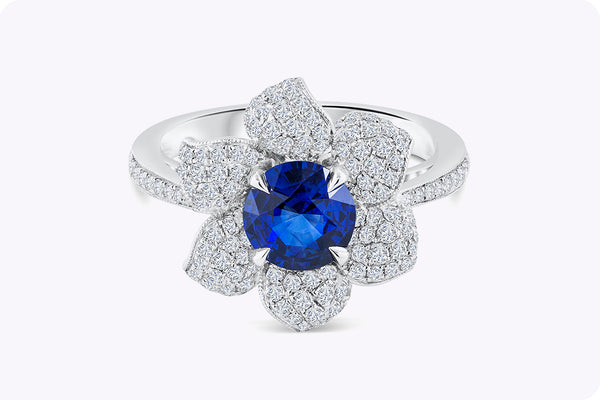 1.35 Carats Round Sapphire & Diamond Flower Ring in White Gold