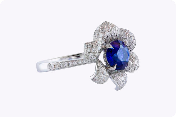 1.35 Carats Round Sapphire & Diamond Flower Ring in White Gold