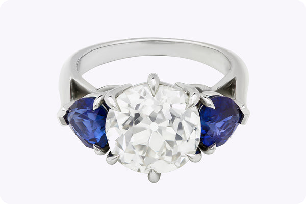 4.04 Carats European Cut Diamond & Sapphire Three-Stone Engagement Ring in Platinum