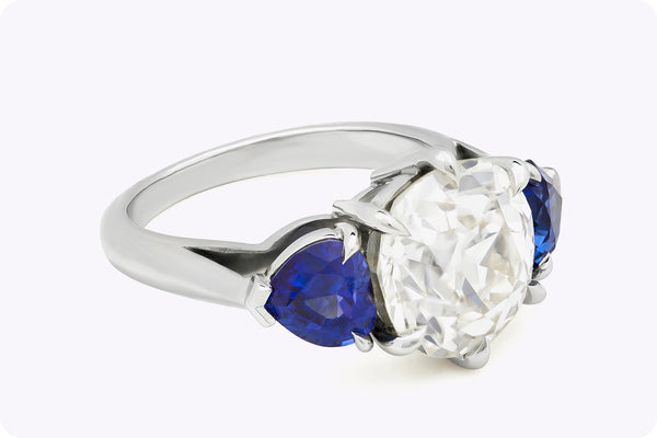 4.04 Carats European Cut Diamond & Sapphire Three-Stone Engagement Ring in Platinum