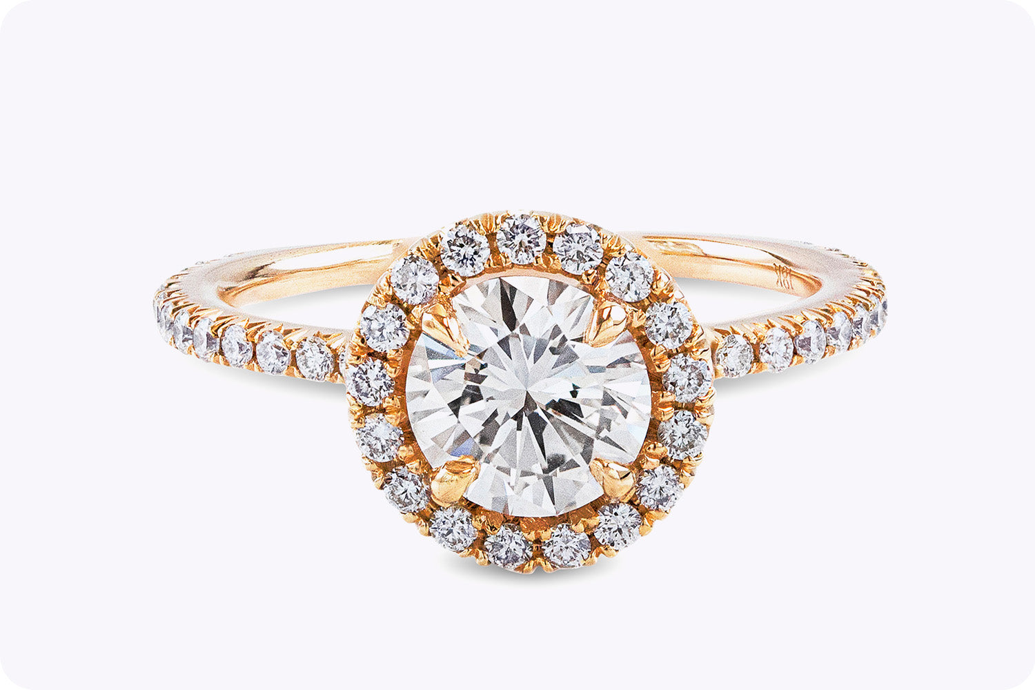 1.07 Carats Round Brilliant Cut Diamond Halo Pavé Engagement Ring in Rose Gold