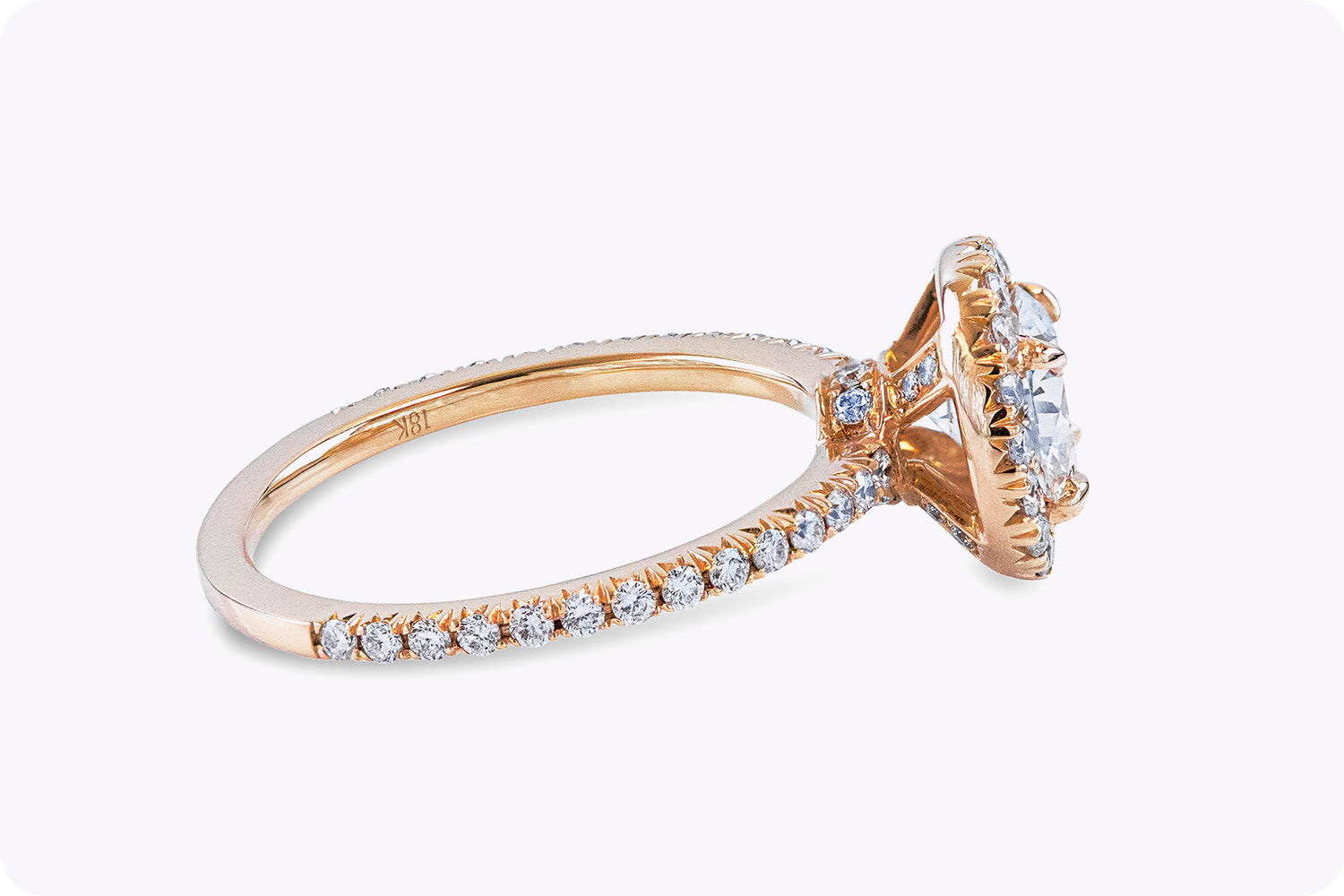 1.07 Carats Round Brilliant Cut Diamond Halo Pavé Engagement Ring in Rose Gold