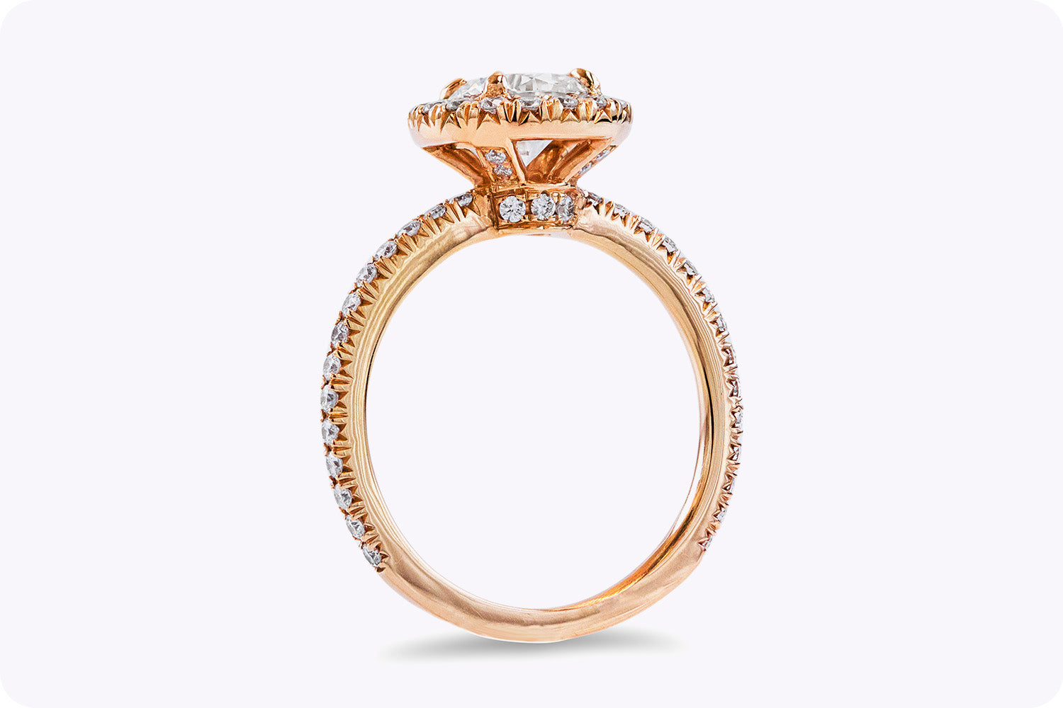 1.07 Carats Round Brilliant Cut Diamond Halo Pavé Engagement Ring in Rose Gold