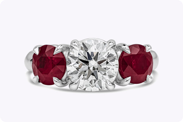 1.50 Carats Total Round Brilliant Cut Diamond & Ruby Three-Stone Engagement Ring in Platinum