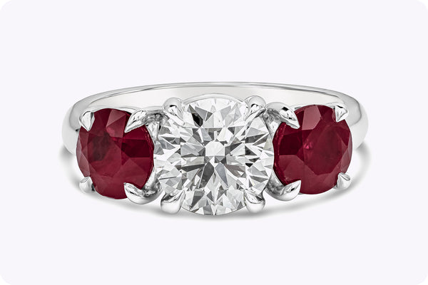 1.50 Carats Total Round Brilliant Cut Diamond & Ruby Three-Stone Engagement Ring in Platinum