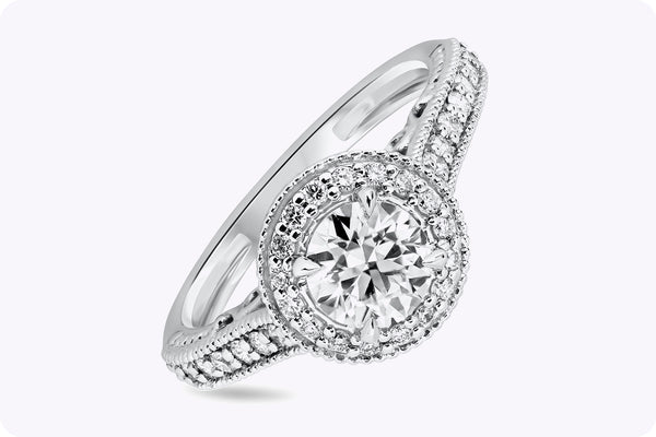 Antique-Style 0.82 Carat Round Brilliant Cut Diamond Halo Engagement Ring in White Gold