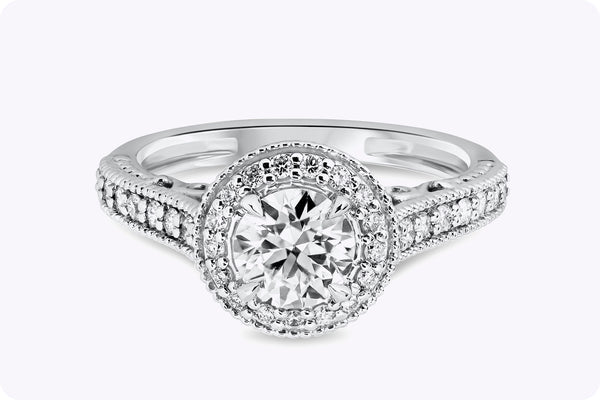 Antique-Style 0.82 Carat Round Brilliant Cut Diamond Halo Engagement Ring in White Gold