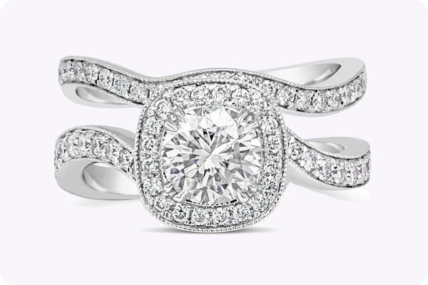 1.68 Carats Total Round Diamond Halo Engagement Ring & Wedding Band Set in White Gold