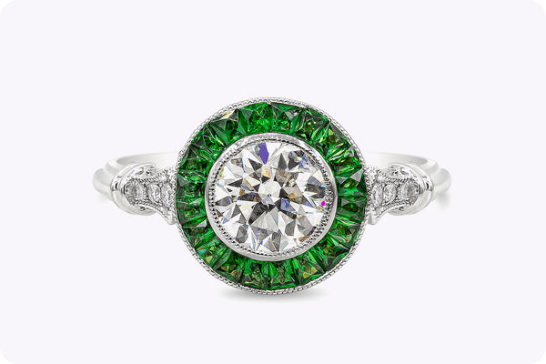 GIA Certified 1.01 Carats Total Round Diamond with Tsavorite Art Deco Style Halo Engagement Ring in Platinum