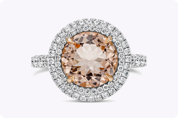 3.01 Carats Round Brilliant Morganite & Diamond Double Halo Pavé Engagement Ring in Platinum